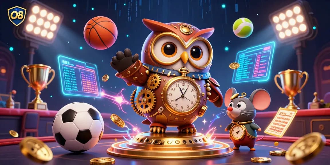 Engage with O8's vibrant gambling universe, showcasing a steampunk owl and game elements.