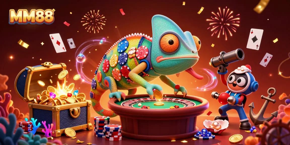 MM88 chameleon casino owner catching golden coins with a colorful backdrop of casino elements.
