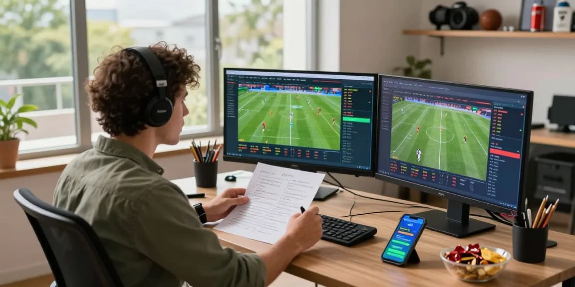 Focused analysis of tỷ lệ kèo during live football matches in a modern home office.