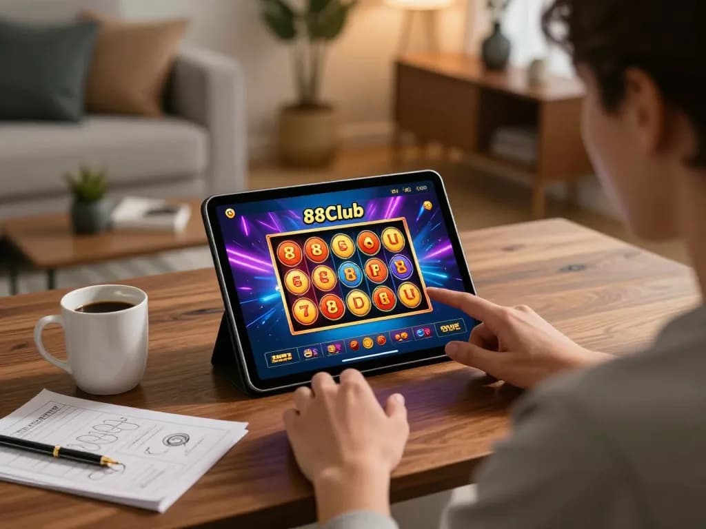 Engage in thrilling online games at 88Club with vivid slots displayed on a tablet.