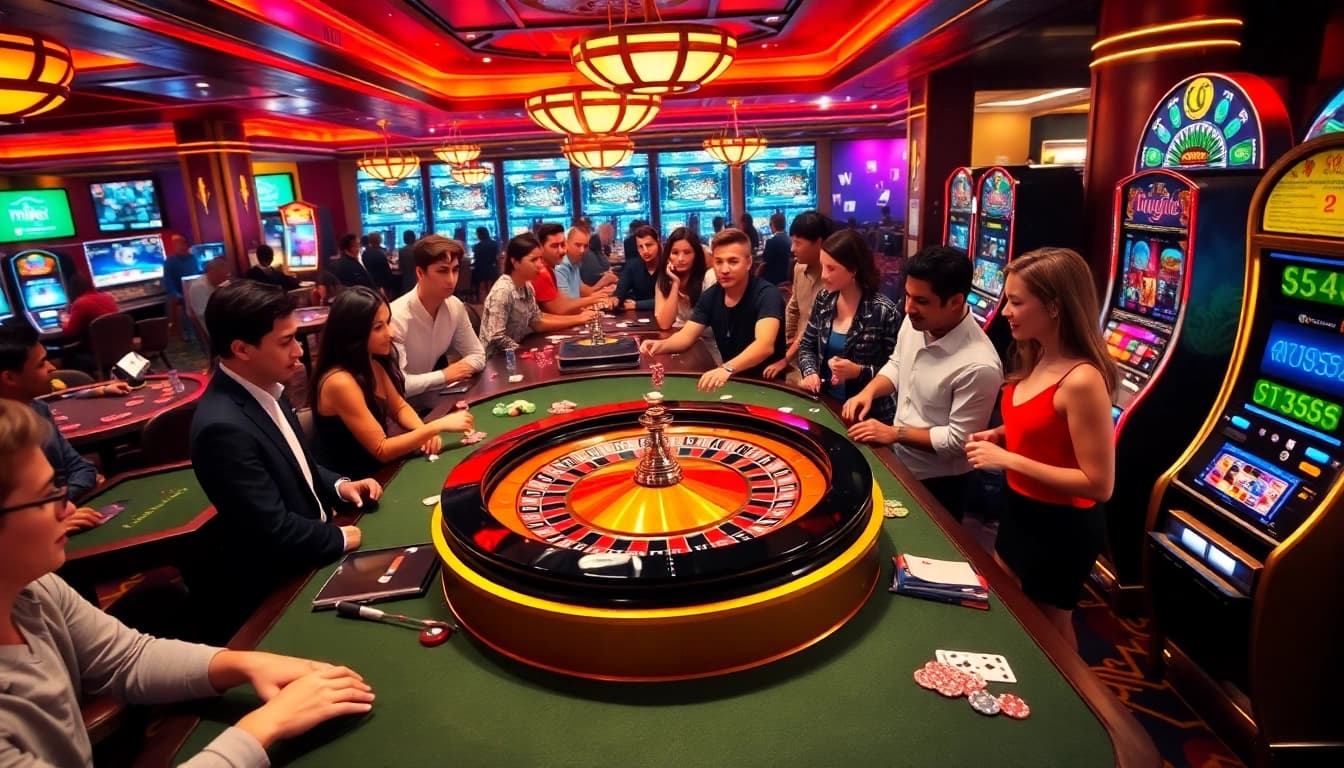 Experience the thrill of 'mi bet' with vibrant casino games, roulette action, and lively players.