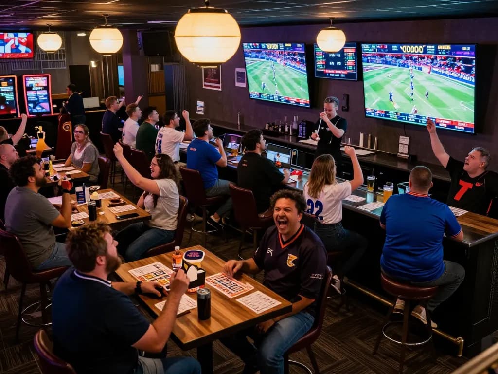 Cheering crowd engaged in sports betting at B sport casino.