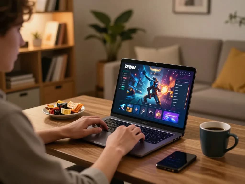 Player enjoying games on 78WIN in a cozy home setting, laptop illuminated by warm lighting.