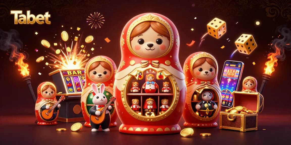 Spin to win with Tabet's joyful casino-themed scene featuring a Matryoshka bear and vibrant game elements.