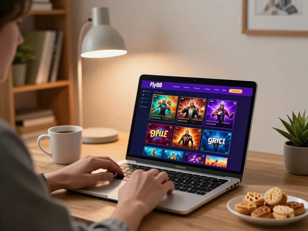 Player enjoying fly88 casino app on laptop, immersed in online gaming at home.