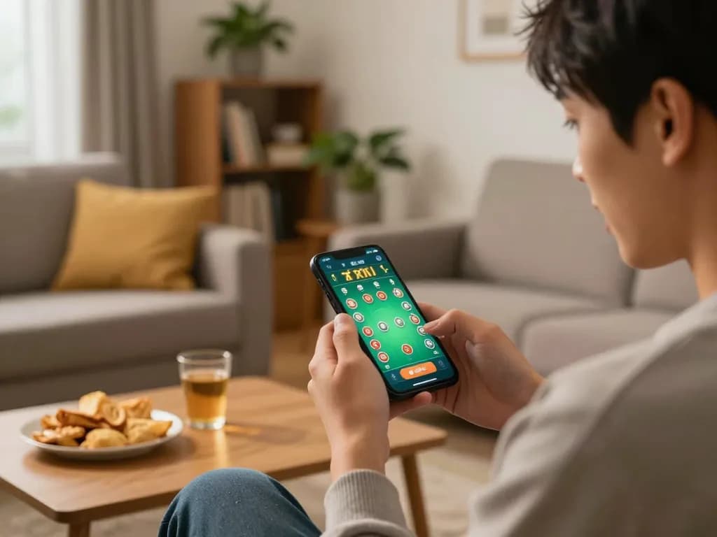 Engaged player placing a bet in Tài Xỉu on a smartphone in a cozy home setting.