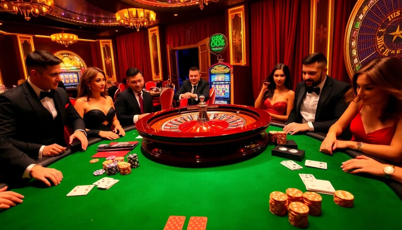 Action-packed casino scene with players engaging at 88XX roulette table, vibrant and luxurious atmosphere.