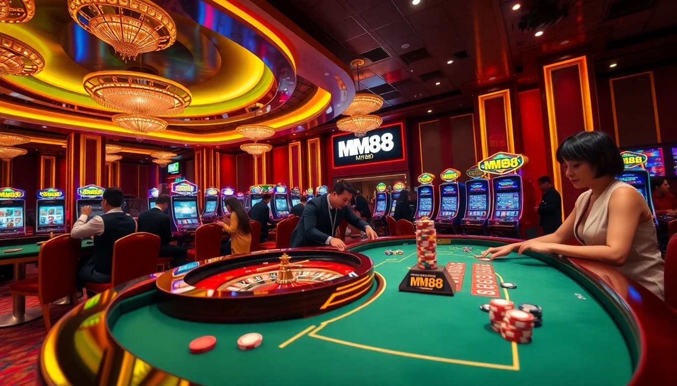 Players enjoy casino games at MM88's vibrant tables, emphasizing excitement and luxury.