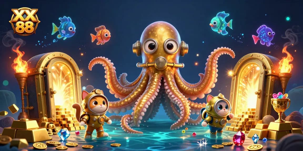 Immerse in the thrilling XX 88 adventure with a kraken and diving cat amid dazzling treasures.