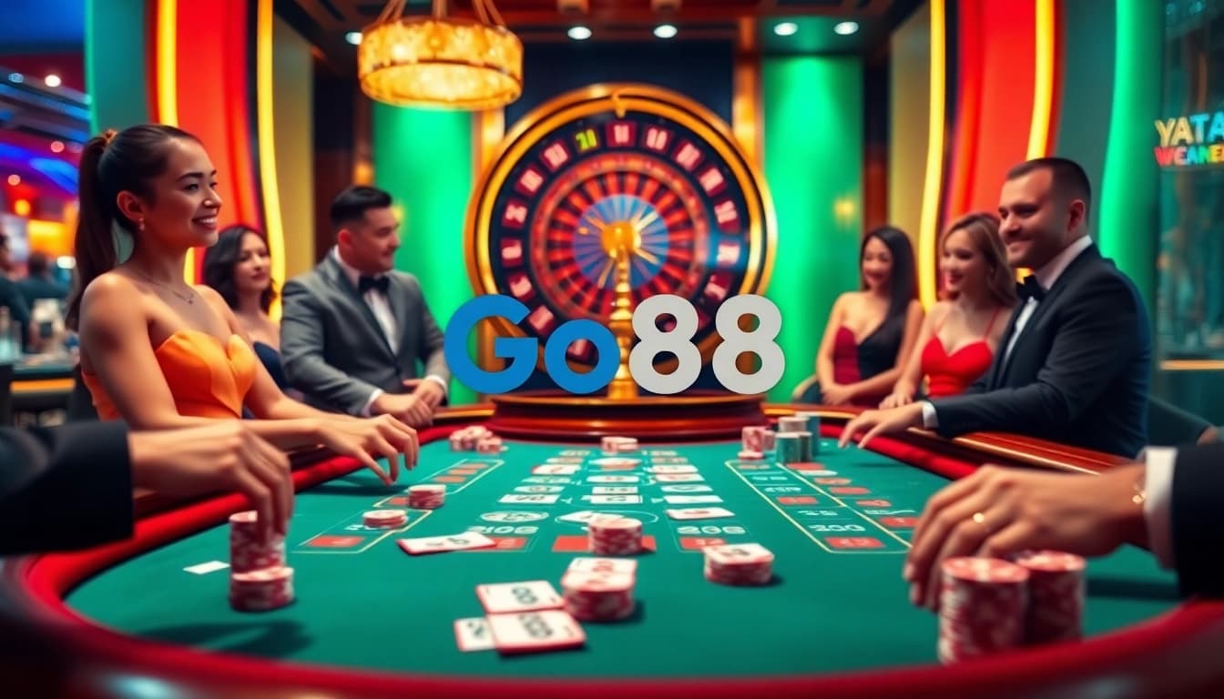 Go88 casino scene showcasing engaging poker gameplay with vibrant colors and luxurious ambiance.