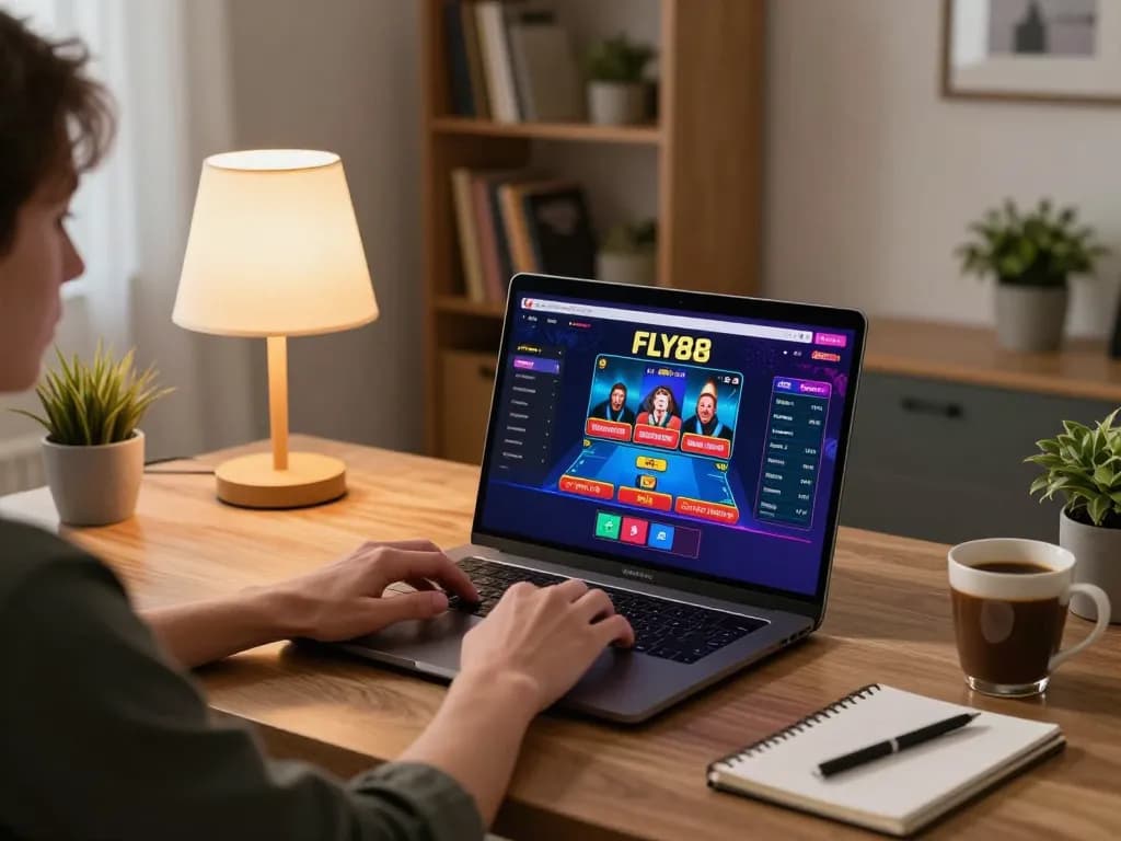 Player strategizing at home with FLY88 online casino on laptop screen and notes