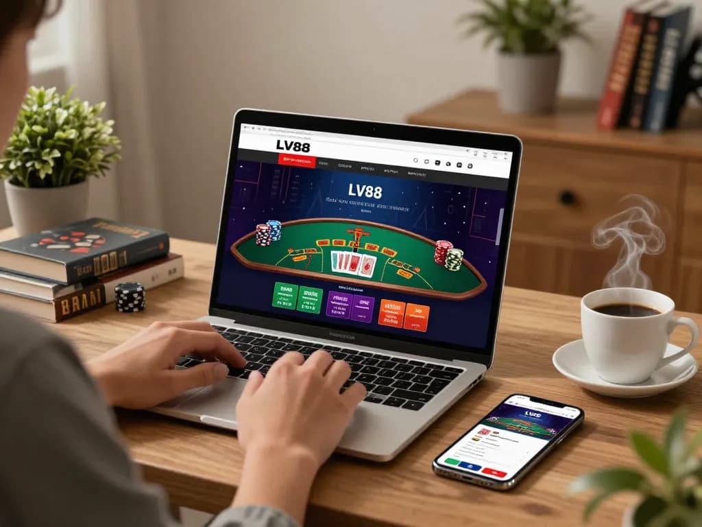 Engaged player using LV88 for blackjack in stylish home office setting.