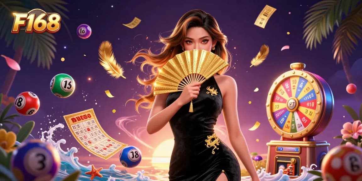 Engage in thrilling games at F168, featuring colorful lottery balls and exciting casino visuals.
