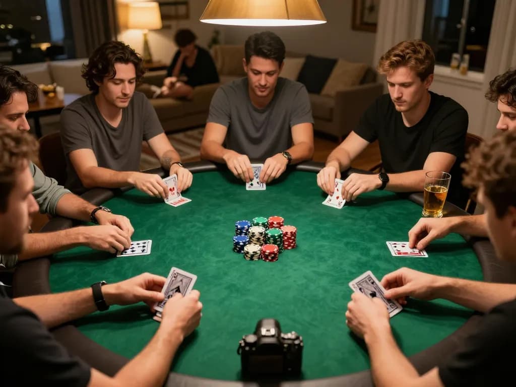 KJC enthusiasts enjoy an engaging poker night with friends, showcasing strategic gameplay and camaraderie.