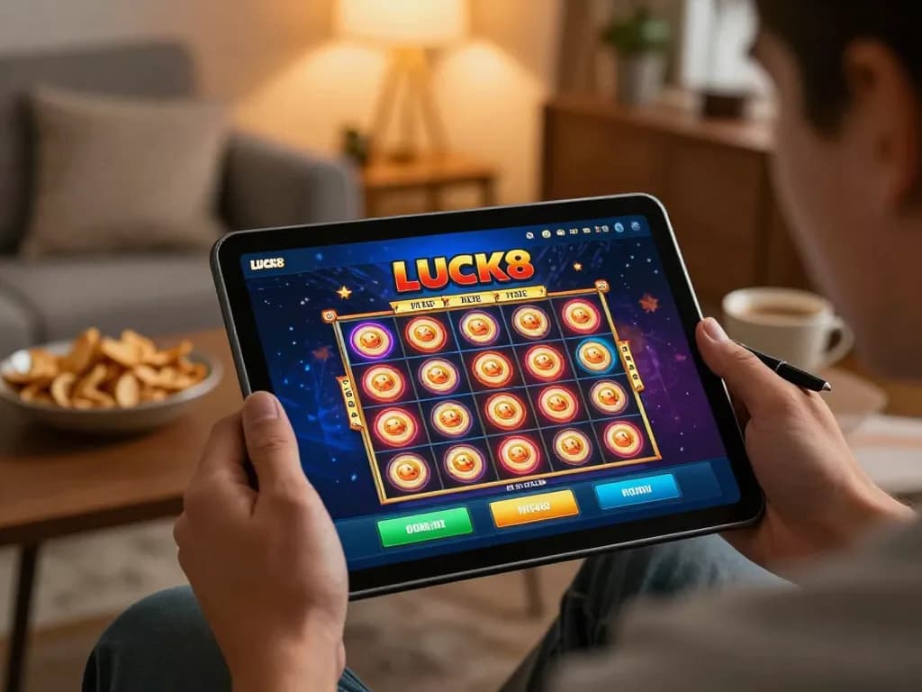 LUCK8 app interface displayed on tablet during an engaging online gaming session in a cozy home setting.