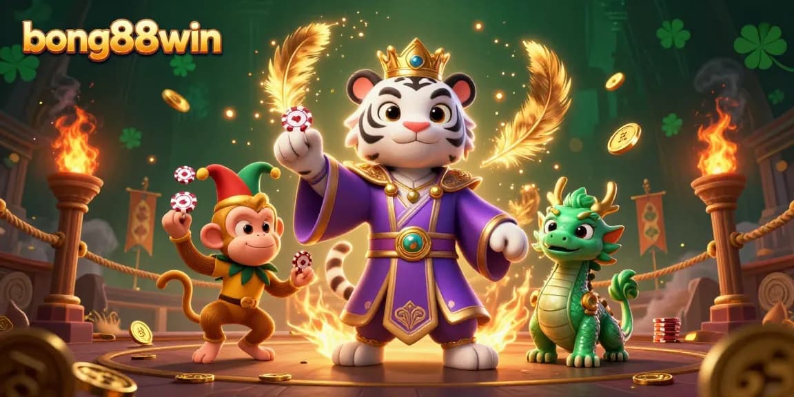 Bet big with bong88win in this vibrant casino world, as a royal tiger and playful monkey bring luck and excitement.