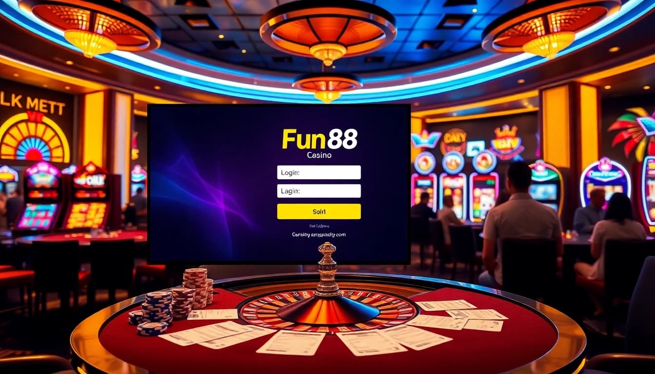 Experience fun88 com login seamlessly amidst a luxurious casino atmosphere featuring tables, chips, and betting slips.