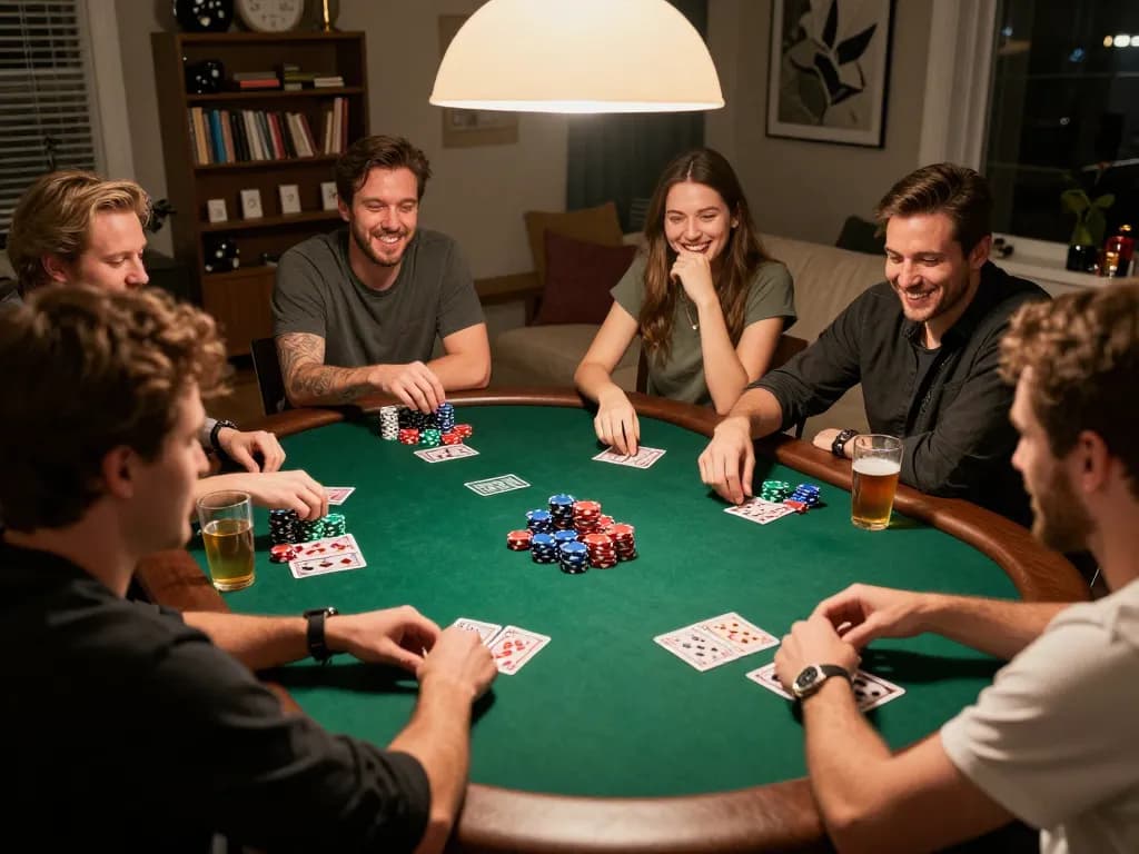 Engaged players enjoying a home poker night, showcasing gambling fun at nhacaiuytin.