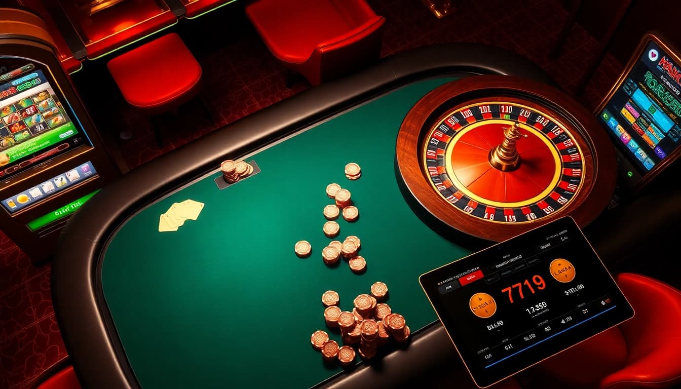 Experience thrilling gameplay at BL555 with a vibrant blackjack table, roulette wheel, and luxury casino ambiance.
