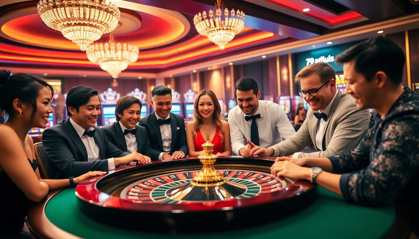 Players enjoying a thrilling moment at 789club casino table with roulette and vibrant slot machines.