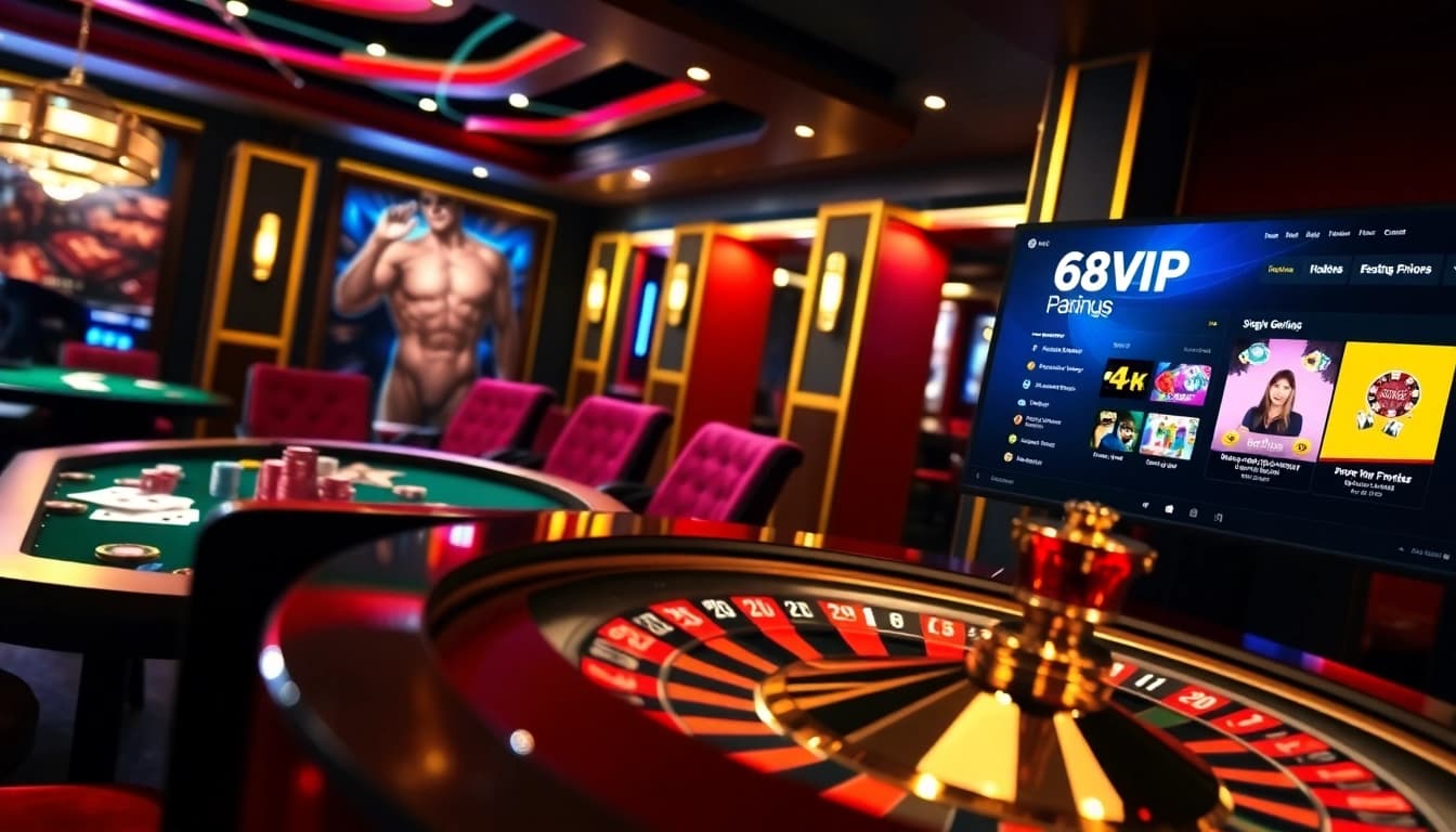 Experience the thrill of 68VIP as players enjoy exciting casino games at a luxurious roulette table.