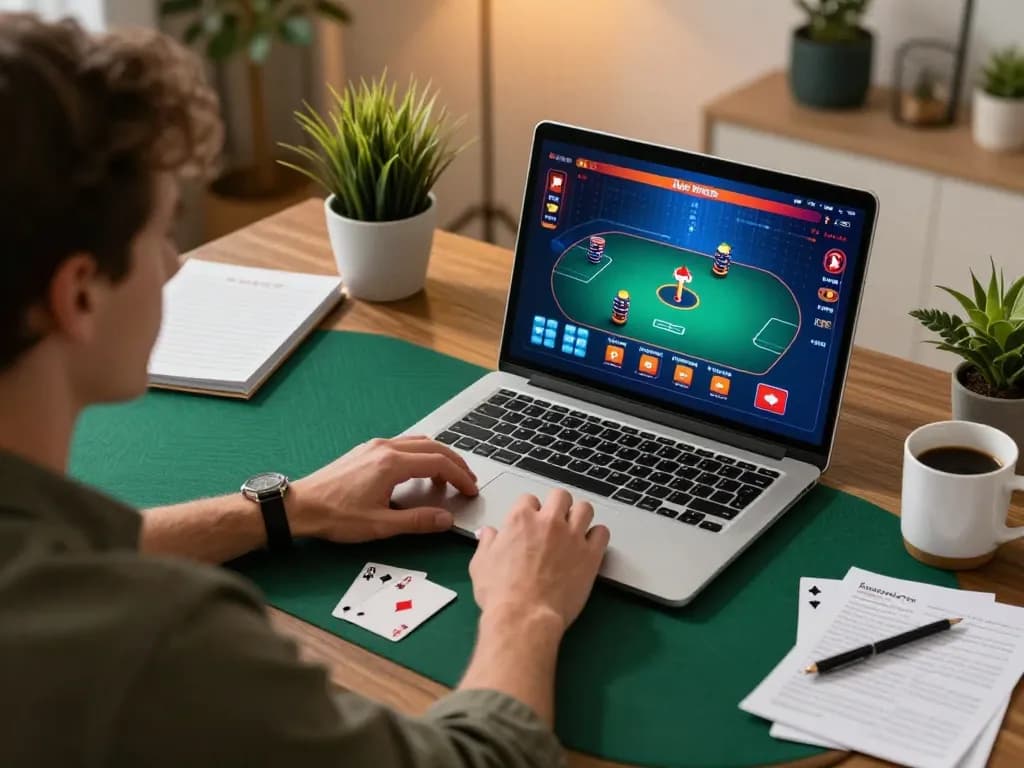 Player enjoying poker at home through xo88a on laptop with strategy notes nearby