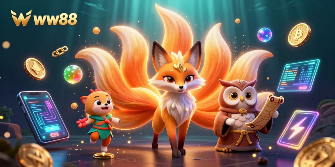 Win big with exciting games at ww88, featuring a colorful nine-tailed fox and glowing crypto elements.