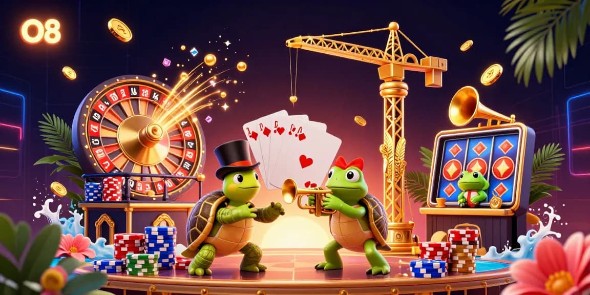 Experience thrilling fun at O8 with a vibrant 3D casino scene featuring animated characters and exhilarating game action.