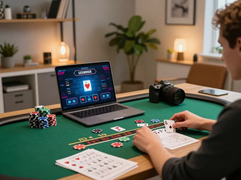 MM88 player enjoying blackjack in a stylish home office, expressing excitement and strategy.