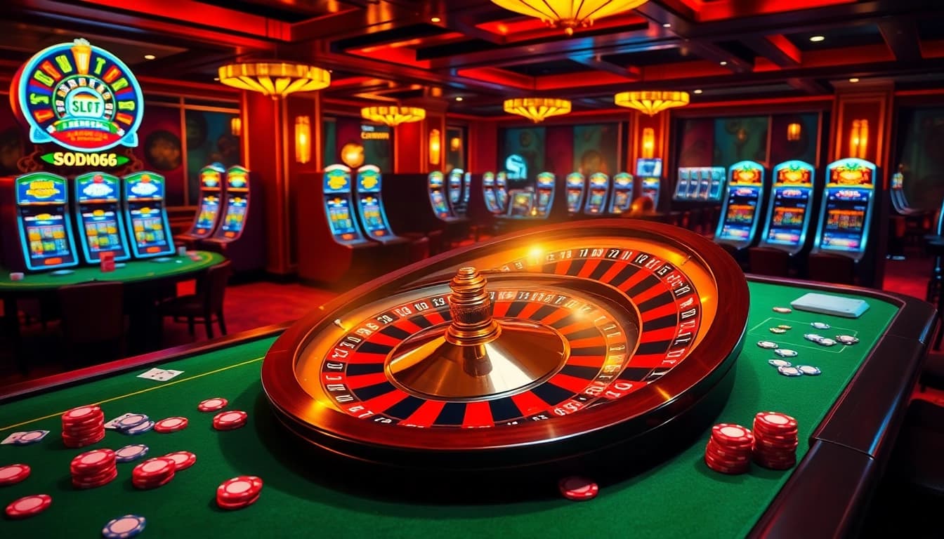 SODO66 gaming tables with vibrant casino atmosphere, illuminated slot machines, and roulette wheel.