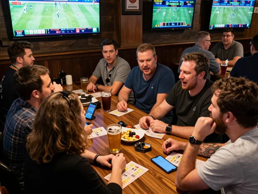Betting fun at 789win sports session in a lively pub with excited gamblers.