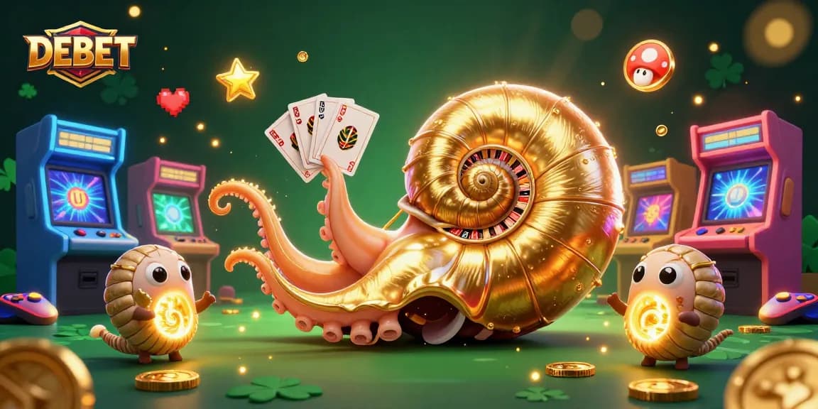 Experience the enchanting DEBET casino world with a glowing nautilus and vibrant gaming elements.
