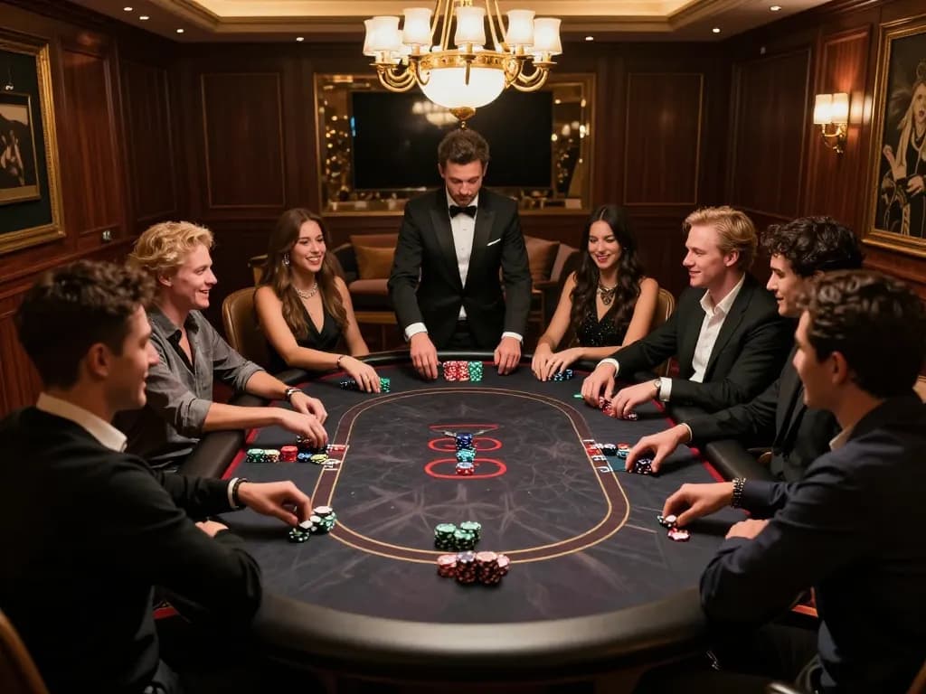 MAX88 poker players enjoying an engaging game in a luxurious VIP gaming room atmosphere.