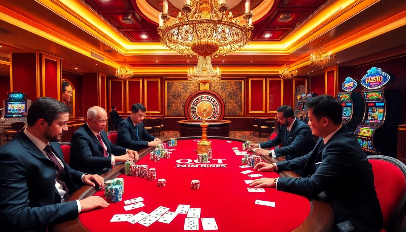 Players enjoying poker at QQ88 COM with colorful chips and a luxurious casino atmosphere.