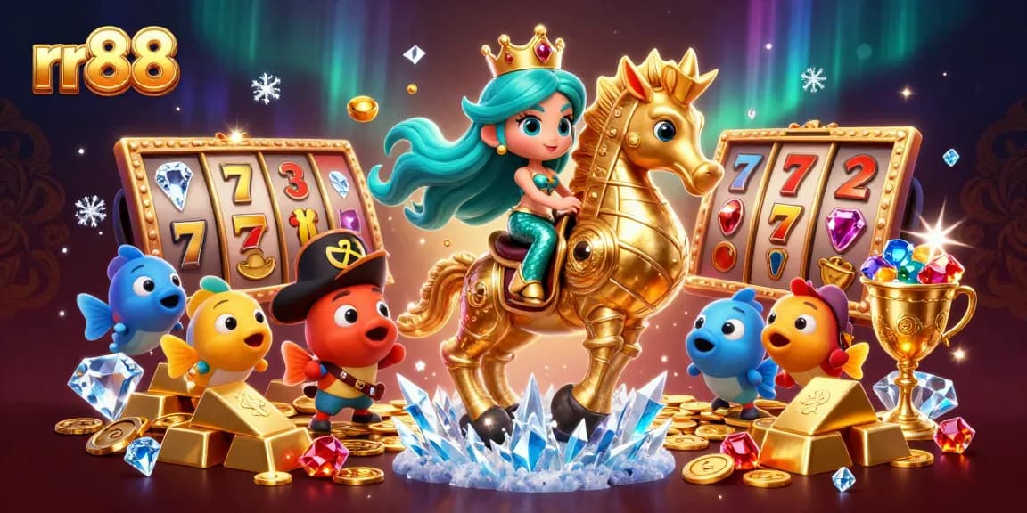 Play exciting slot games at rr88 with colorful characters amidst treasures and lucky symbols.