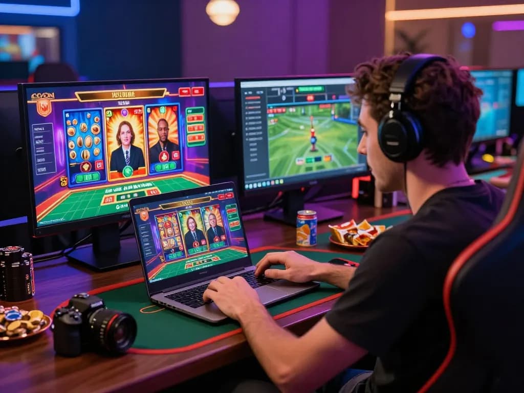 23win online gaming atmosphere with a player engaging in live poker and vibrant game visuals.