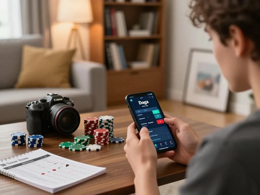 Daga betting app screen shows live odds and user placing real-time bets in a cozy home setting.