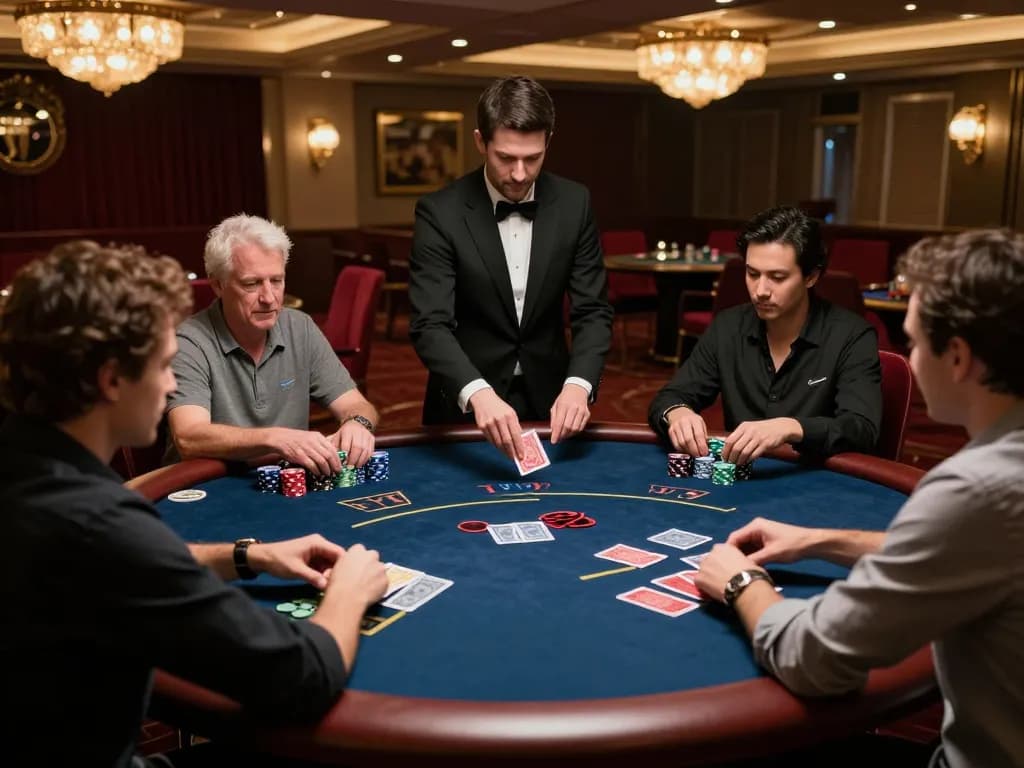 Players engaged in strategic poker gameplay at a luxurious casino table, with cards and chips in action, highlighting hay88x's gaming atmosphere.