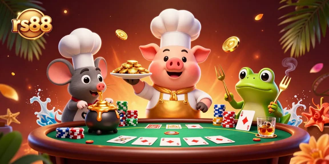 Join the excitement at rs88 casino with a playful chef serving golden coins at a lively poker table.