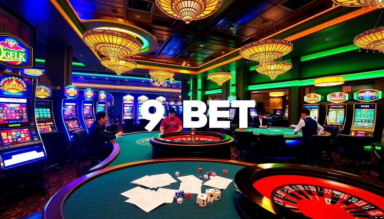 Engaging gambling scene showcasing Link 9BET with dynamic casino elements like poker tables and slot machines.
