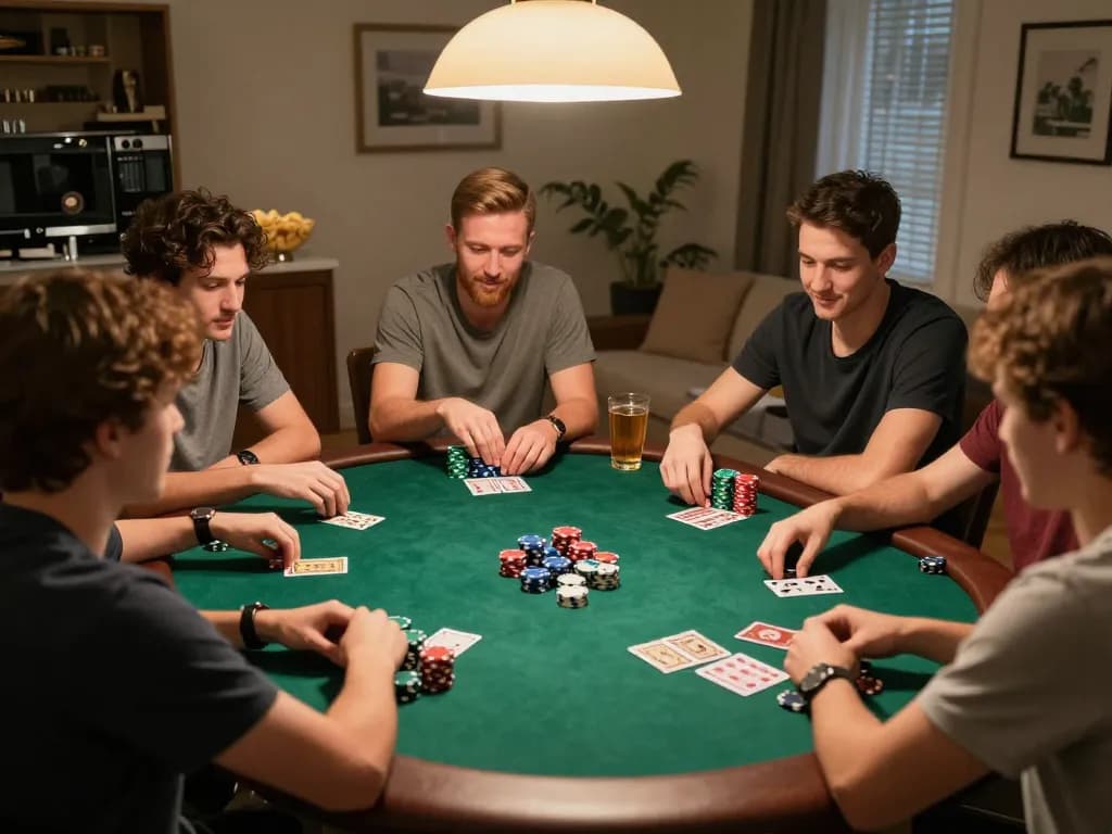 Friends enjoying a friendly poker game at home, fostering a strategic atmosphere for 888bgo gaming enthusiasts.