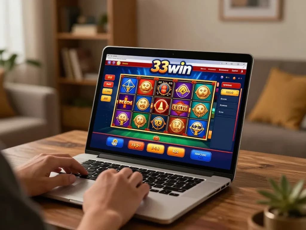 Engaged player bets on 33win using a laptop in a cozy home environment.