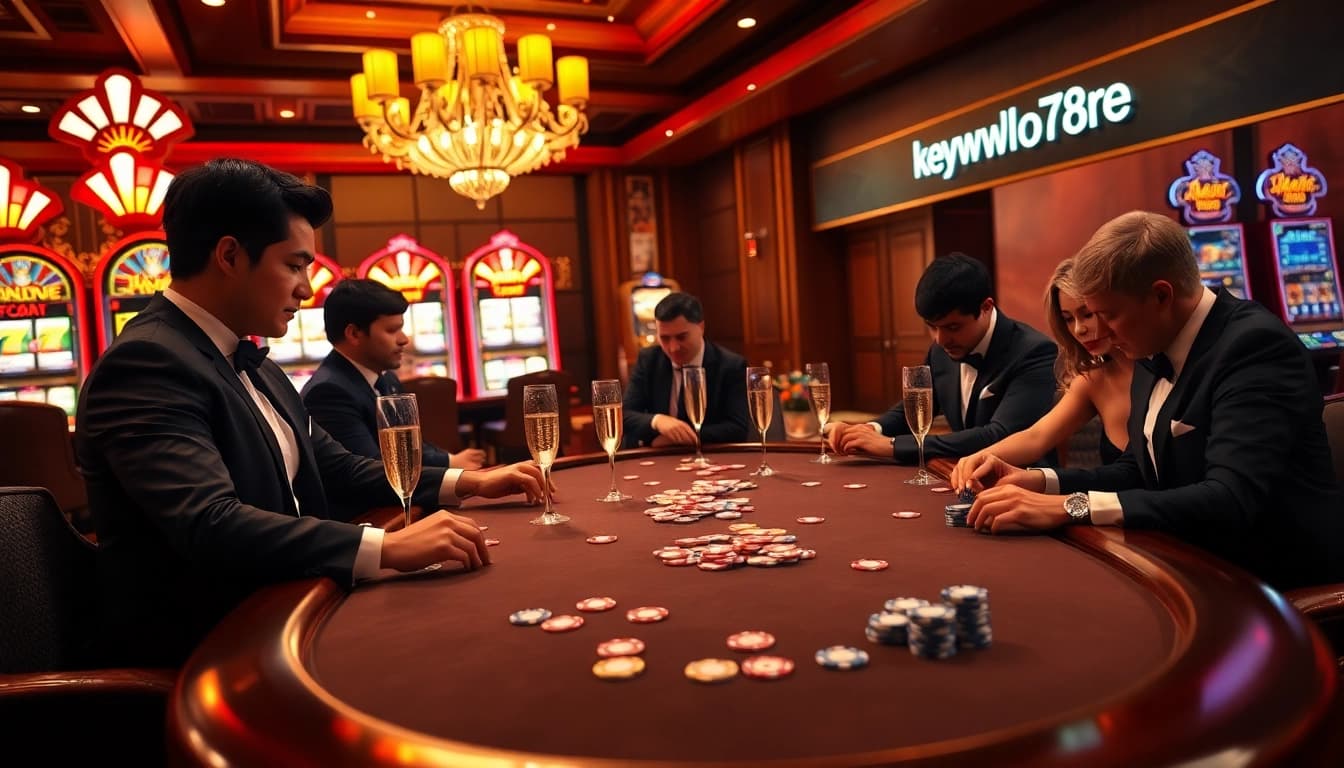 Experience the thrill of gambling at ALo789 with vibrant poker tables and lively casino atmosphere.