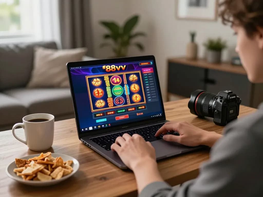 Player enjoying online gaming experience with 88vv casino interface, showcasing immersive home entertainment.