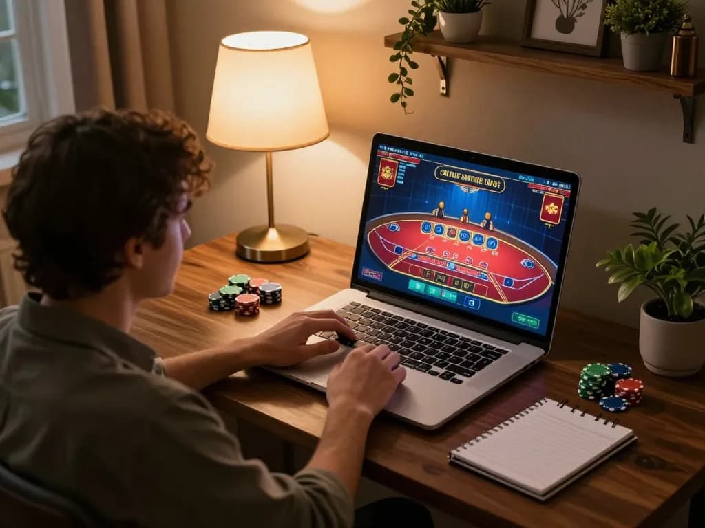 kp88 online player engaging in live dealer gaming on laptop at stylish home workspace