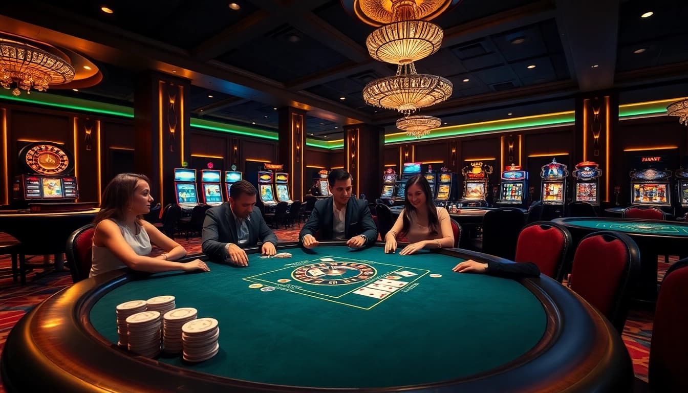 Players enjoying a thrilling poker game at 678VIP casino, surrounded by luxury decor and vibrant ambiance.