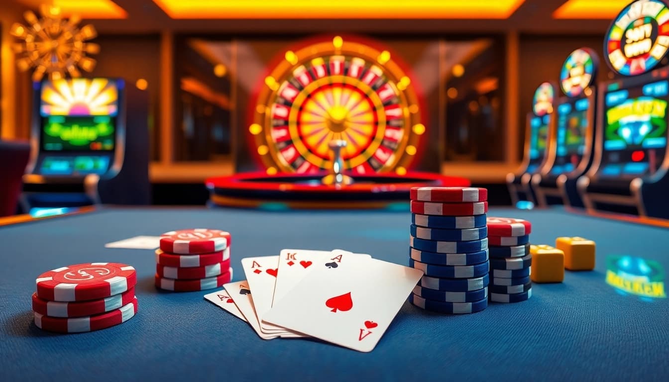 Experience the excitement of LuckyWin with vibrant casino tables, cards, and poker chips.