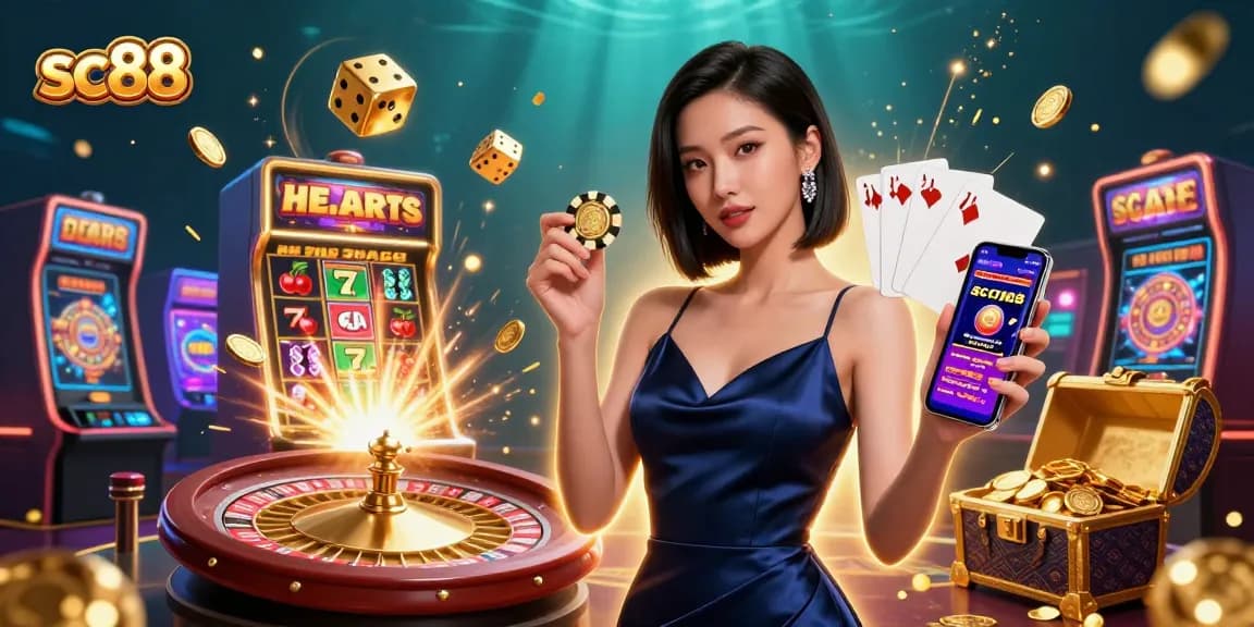Experience excitement with sc88 in this vibrant casino illustration showcasing games and jackpots.