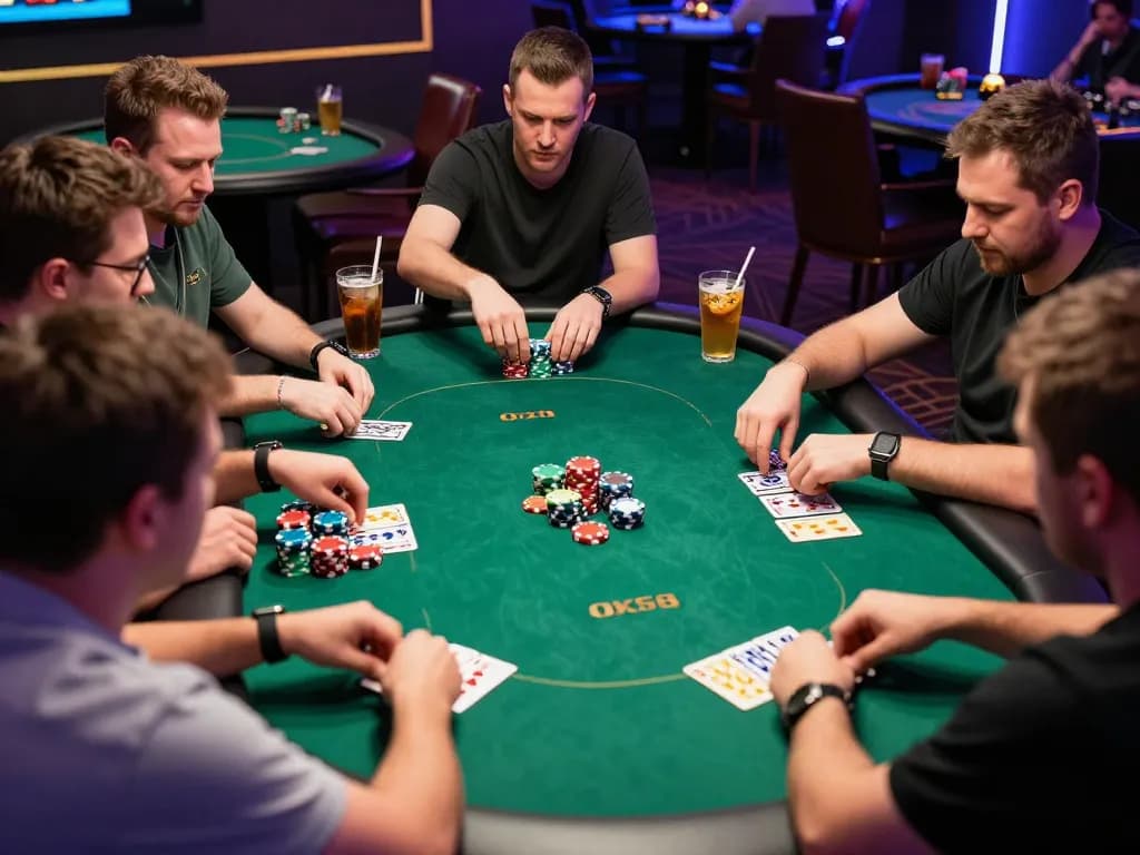 OK365 players strategizing during an intense poker game, showcasing high stakes and excitement.