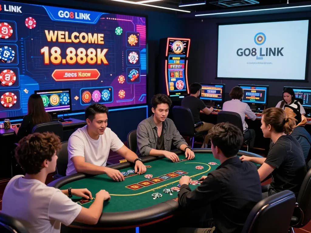 Engaging online gambling atmosphere featuring players enjoying various casino games highlighting the GO8 LINK with vibrant graphics and bonuses.